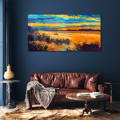 Golden reflections over the water Glass Print