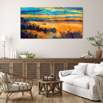 Golden reflections over the water Glass Print