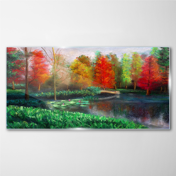 Autumn scenery by the lake Glass Wall Art