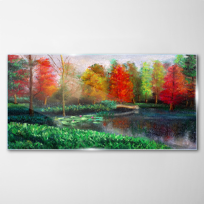 Autumn scenery by the lake Glass Wall Art