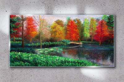 Autumn scenery by the lake Glass Wall Art
