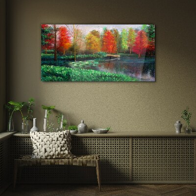 Autumn scenery by the lake Glass Wall Art