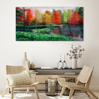 Autumn scenery by the lake Glass Wall Art