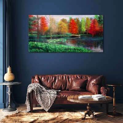 Autumn scenery by the lake Glass Wall Art