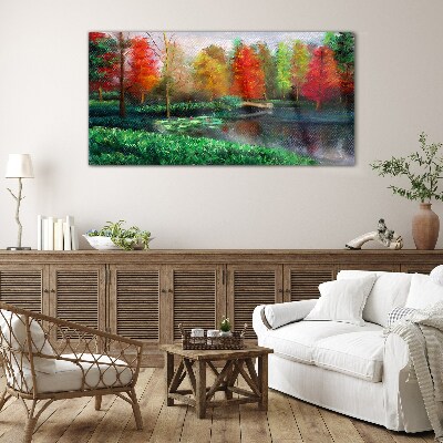 Autumn scenery by the lake Glass Wall Art