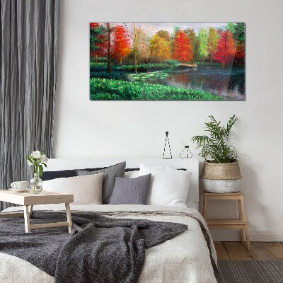 Autumn scenery by the lake Glass Wall Art