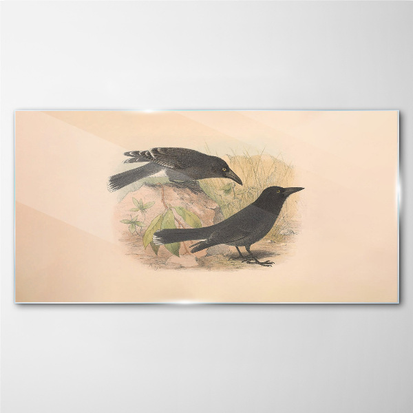Black birds on a pastel background Glass Wall Art