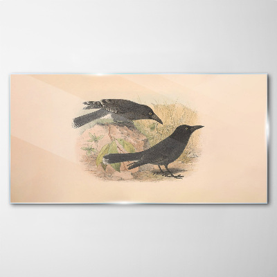 Black birds on a pastel background Glass Wall Art