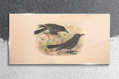 Black birds on a pastel background Glass Wall Art