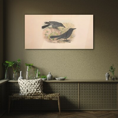 Black birds on a pastel background Glass Wall Art