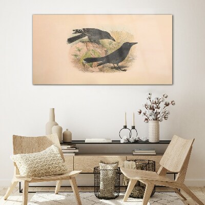 Black birds on a pastel background Glass Wall Art