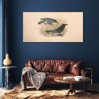 Black birds on a pastel background Glass Wall Art