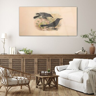 Black birds on a pastel background Glass Wall Art