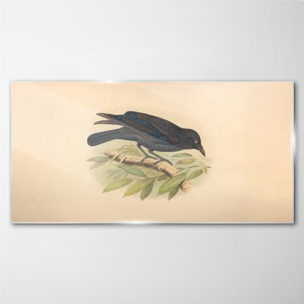 Black bird on a branch Glass Wall Art
