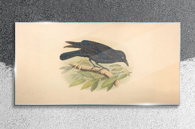 Black bird on a branch Glass Wall Art