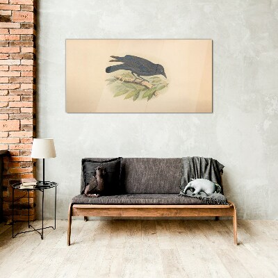 Black bird on a branch Glass Wall Art