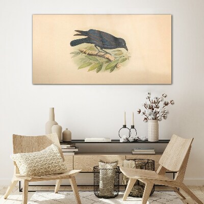 Black bird on a branch Glass Wall Art