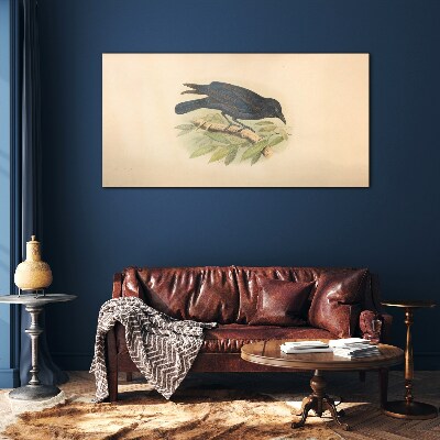 Black bird on a branch Glass Wall Art