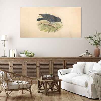 Black bird on a branch Glass Wall Art