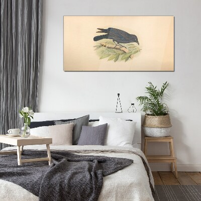 Black bird on a branch Glass Wall Art