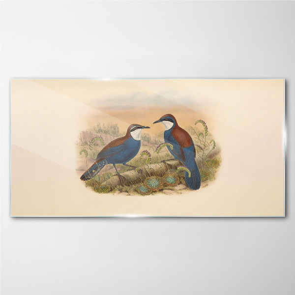 Birds Talking in Pastel Scenery Glass Wall Art