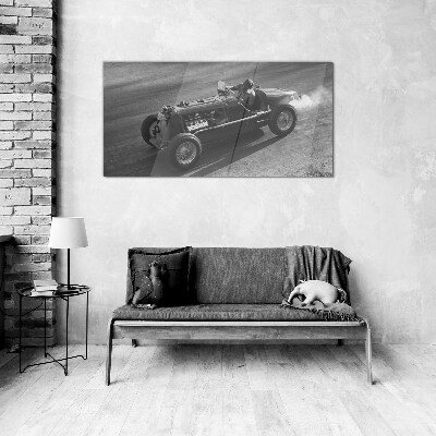 Car racing black-white Glass Wall Art