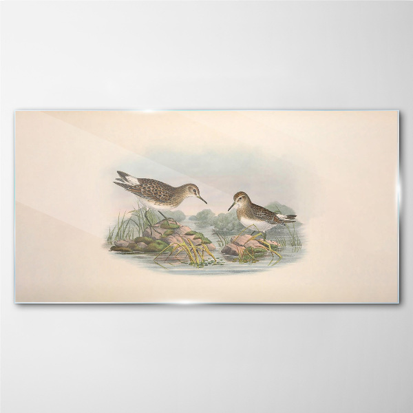 Birds by the pond in pastel colors Glass Wall Art
