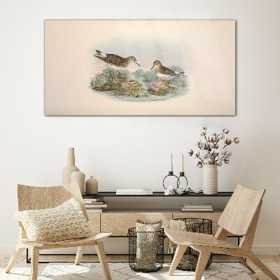 Birds by the pond in pastel colors Glass Wall Art