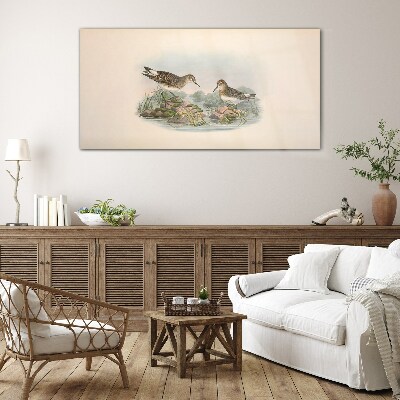 Birds by the pond in pastel colors Glass Wall Art