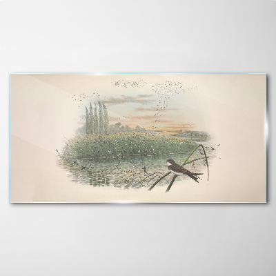 Peaceful landscape with a bird Glass Wall Art