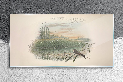 Peaceful landscape with a bird Glass Wall Art