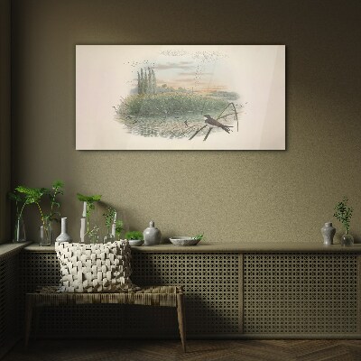 Peaceful landscape with a bird Glass Wall Art
