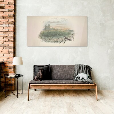 Peaceful landscape with a bird Glass Wall Art