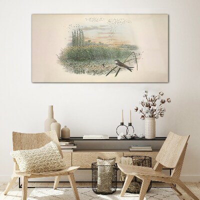 Peaceful landscape with a bird Glass Wall Art