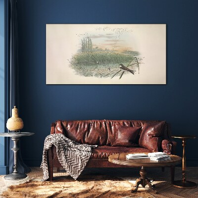 Peaceful landscape with a bird Glass Wall Art