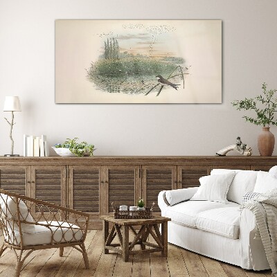 Peaceful landscape with a bird Glass Wall Art