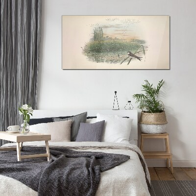 Peaceful landscape with a bird Glass Wall Art
