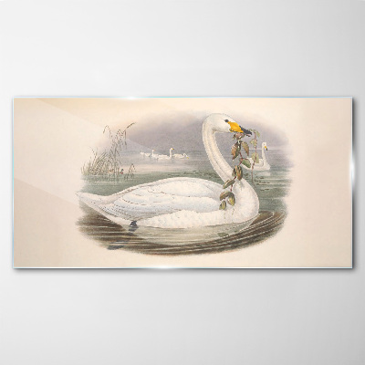 Swan with a branch Glass Wall Art