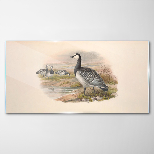Goose family by the water Glass Wall Art