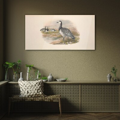 Goose family by the water Glass Wall Art