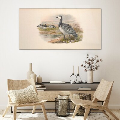 Goose family by the water Glass Wall Art