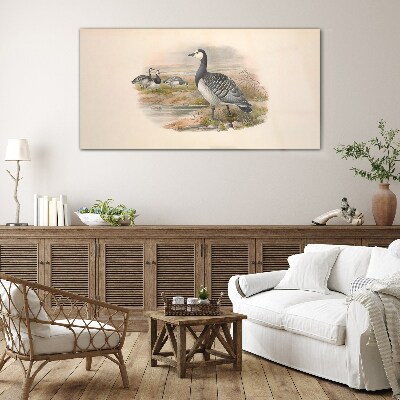 Goose family by the water Glass Wall Art