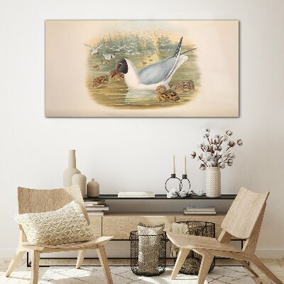 Seagull with young in the water Glass Wall Art