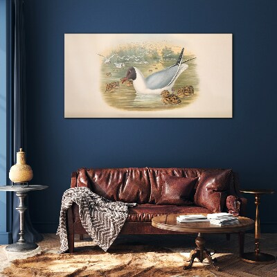 Seagull with young in the water Glass Wall Art