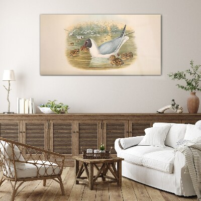 Seagull with young in the water Glass Wall Art