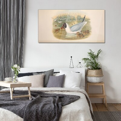 Seagull with young in the water Glass Wall Art