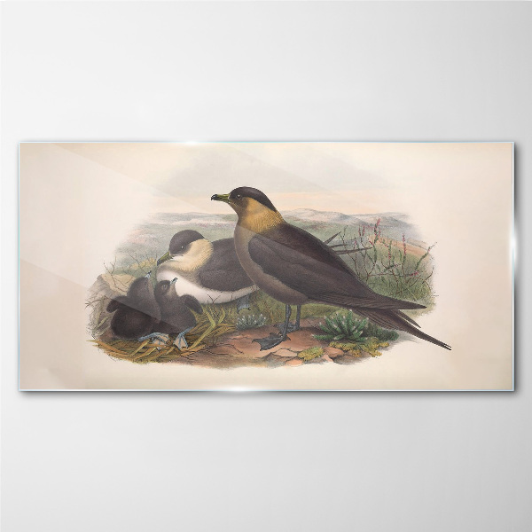 Family of birds on the nest Glass Wall Art