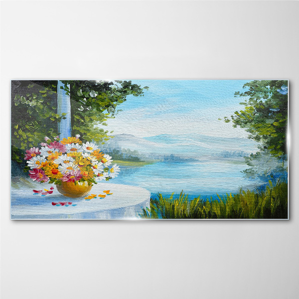 Flower bouquet by the lake Glass Wall Art
