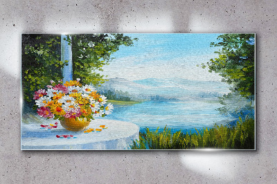 Flower bouquet by the lake Glass Wall Art