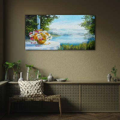 Flower bouquet by the lake Glass Wall Art